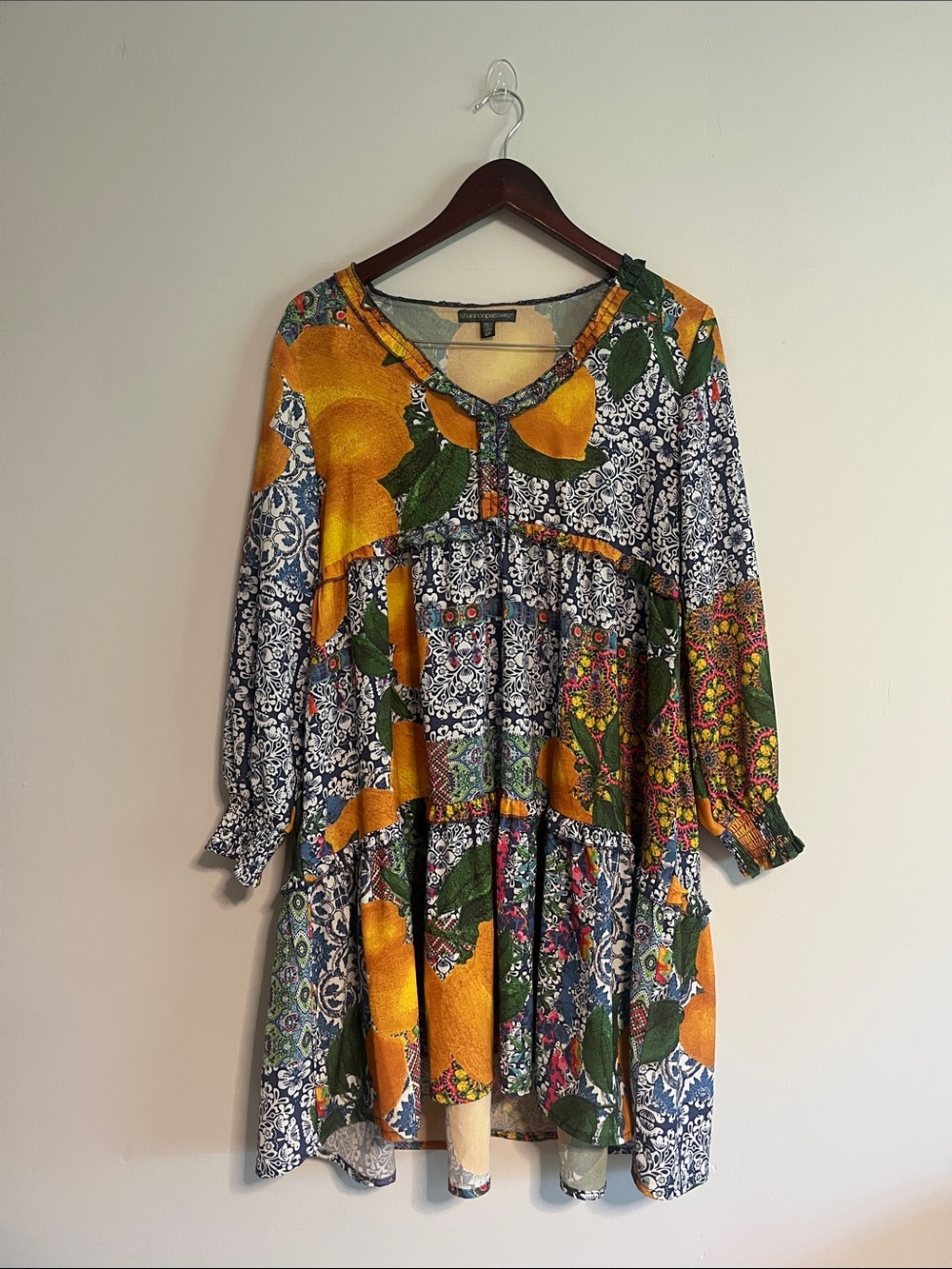 Shannon Passero Patchwork Floral Mini Dress in Mustard and Green